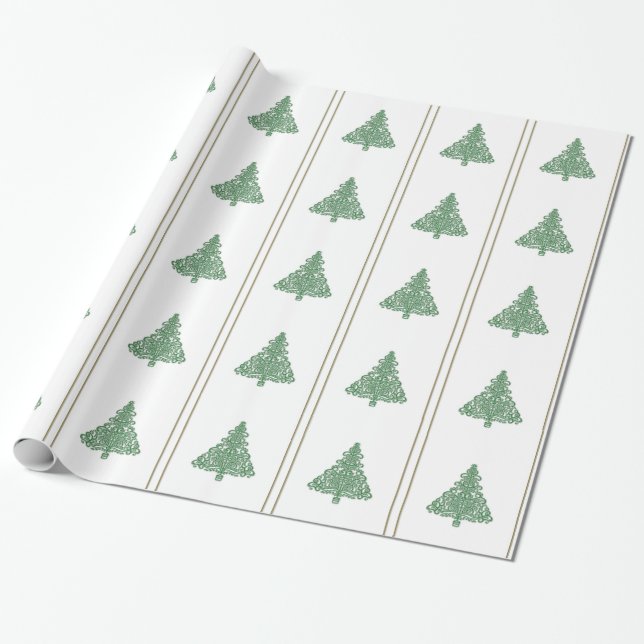 Elegant Green Christmas Tree on White Gift Wrap (Unrolled)