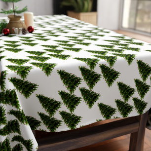 Elegant Green Christmas Tree Pattern Festive White Tablecloth