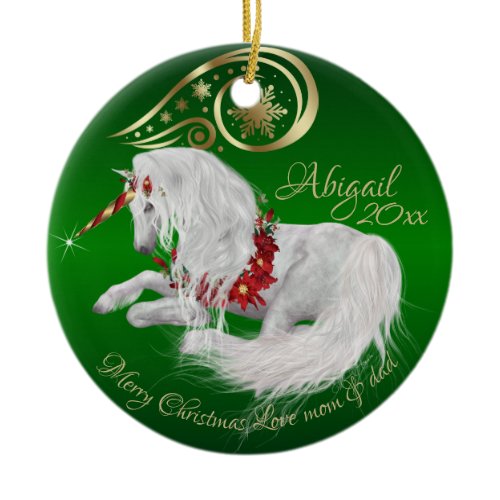 Elegant Green Christmas Unicorn Gold Accent Joy Ceramic Ornament
