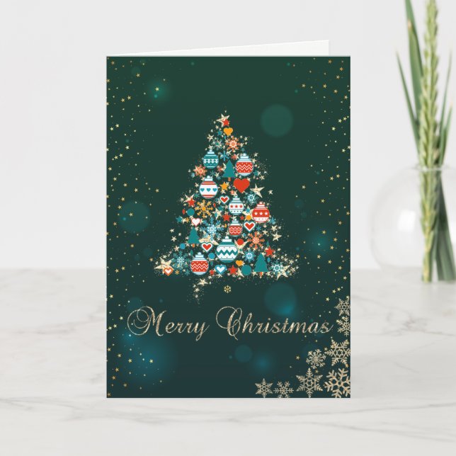 Elegant Green,Colorful Christmas Tree,Snowflakes Holiday Card (Front)