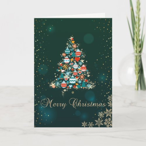 Elegant GreenColorful Christmas TreeSnowflakes Holiday Card