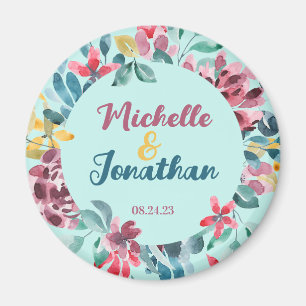 Elegant green colorful watercolor floral wedding magnet