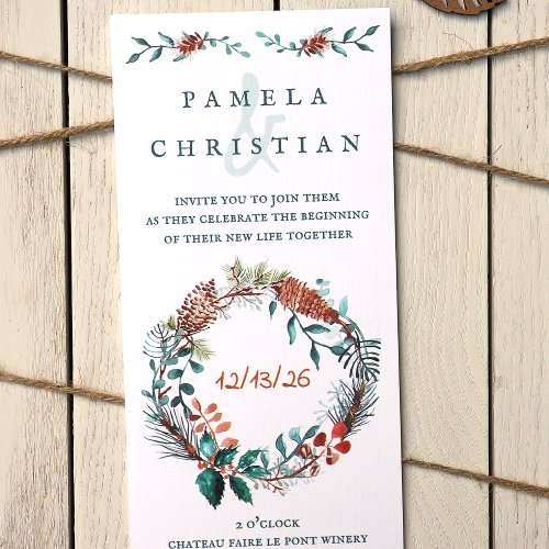 Elegant Green Copper Brown Winter Wreath Wedding Invitation