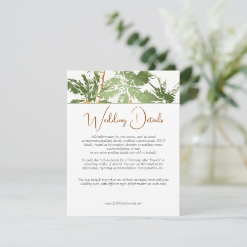 Elegant Green Copper Palm Trees Wedding Details Enclosure Card