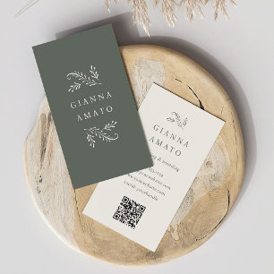 Elegant Green & Cream Botanical QR Code Vertical Business Card