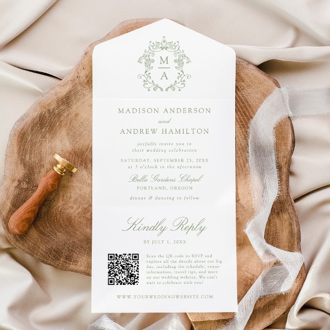 Elegant Green Crest Chinoiserie Monogram Wedding All In One Invitation (Creator Uploaded)