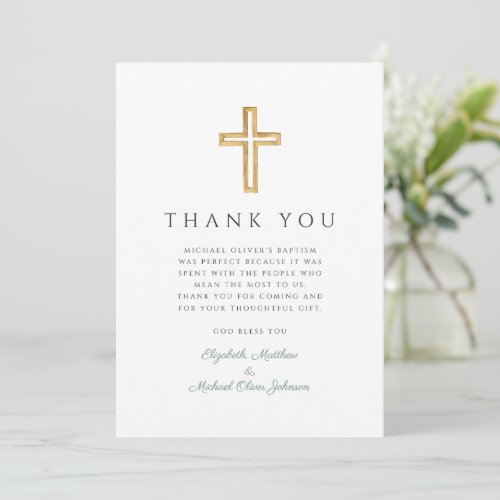 Elegant Green Cross Boy Baptism Thank You Card