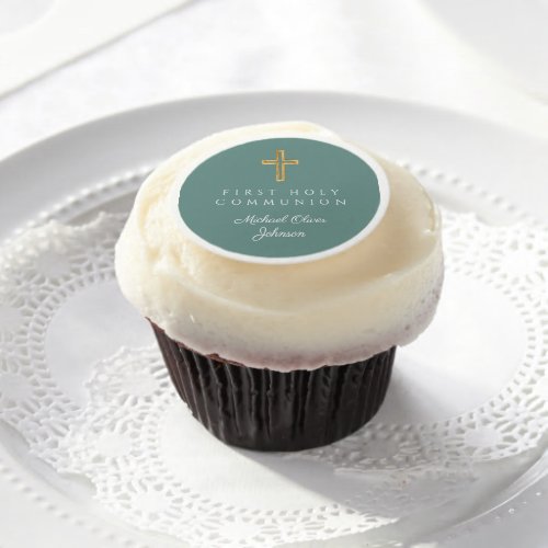 Elegant Green Cross Boy First Communion   Edible Frosting Rounds