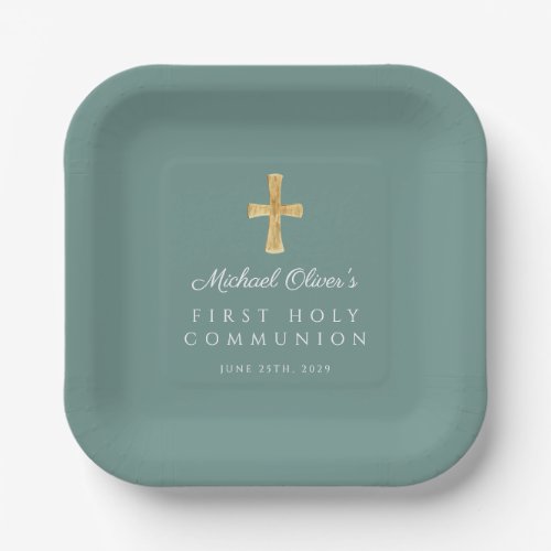 Elegant Green Cross Boy First Communion Paper Plates