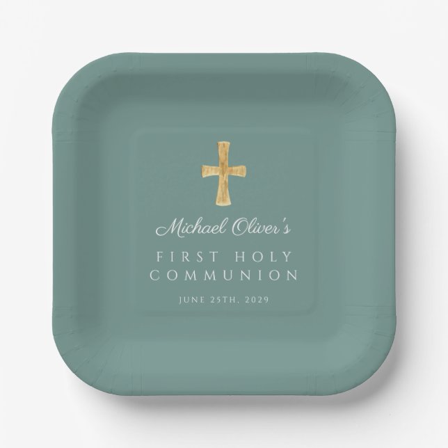 Elegant Green Cross Boy First Communion Paper Plates (Front)