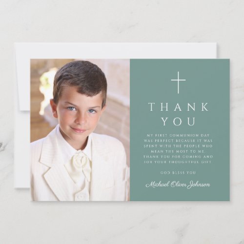 Elegant Green Cross Boy First Communion Photo Thank You Card