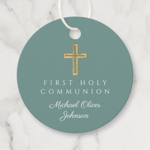 Elegant Green Cross First Communion Round Favor Tags