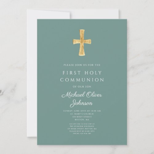 Elegant Green Cross Holy Communion Invitation