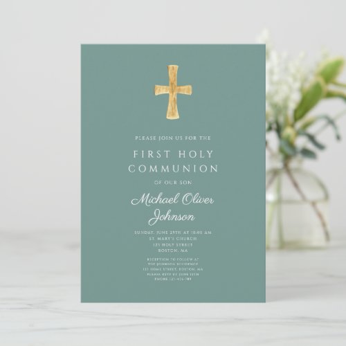 Elegant Green Cross Holy Communion Invitation