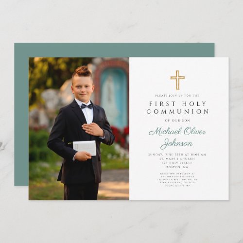 Elegant Green Cross Photo Boy First Communion  Invitation