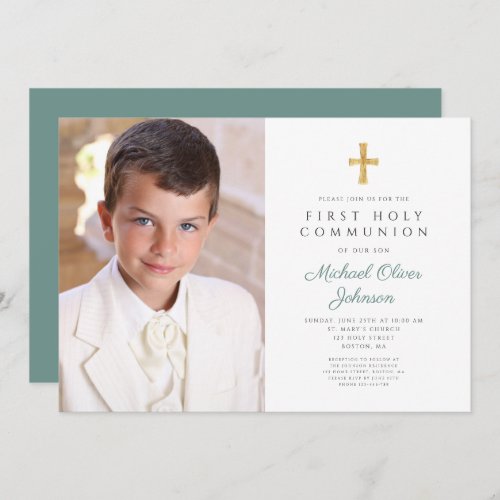 Elegant Green Cross Photo Boy First Communion Invitation