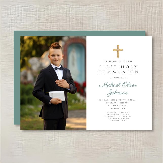 Elegant Green Cross Photo Boy First Communion  Invitation (Elegant Green Cross Photo Boy First Communion Invitation)