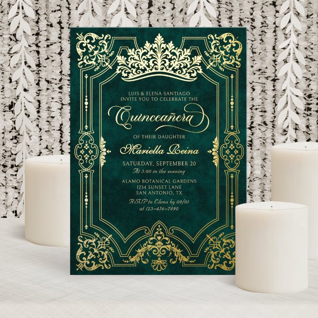 Elegant Green Crown Tiara Quinceanera Foil Invitation (Creator Uploaded)