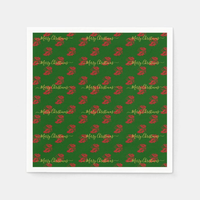 Elegant Green Custom Christmas Holly Paper Napkins (Front)