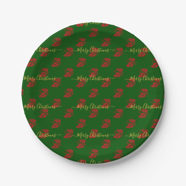 Elegant Green Custom Christmas Holly Paper Plates (Front)