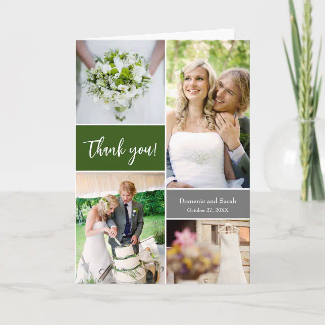Elegant Green customizable Wedding photos Thank You Card | Zazzle