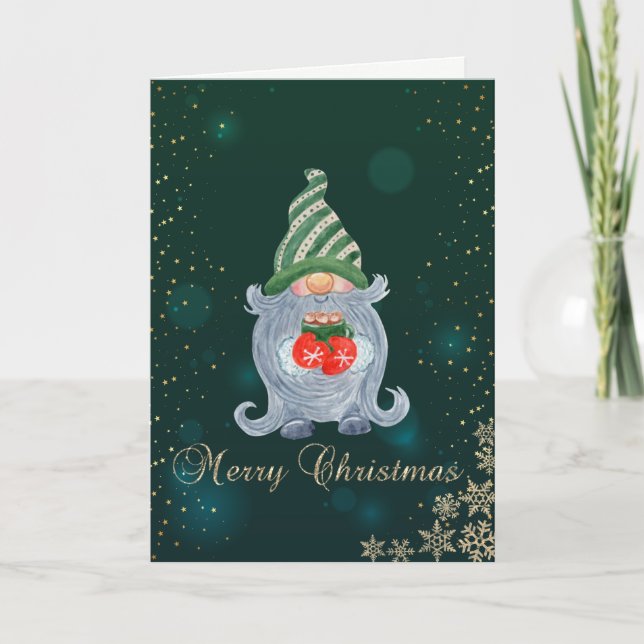 Elegant Green,Cute Gnome, Pine Tree Branches  Holiday Card (Front)
