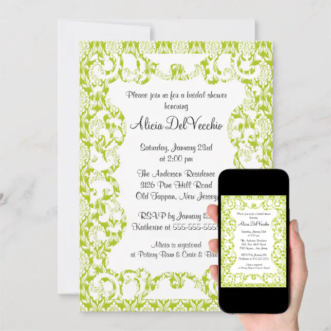 Elegant Green Damask Bridal Shower Invitation Zazzle