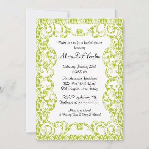 Elegant Green Damask Bridal Shower Invitation