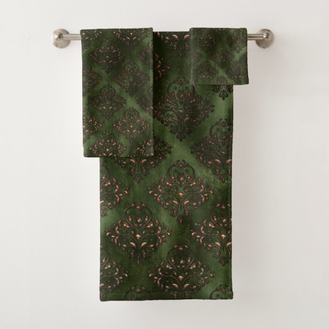 Elegant Green Damask Bronze Bathroom Bath Towel Set (Insitu)