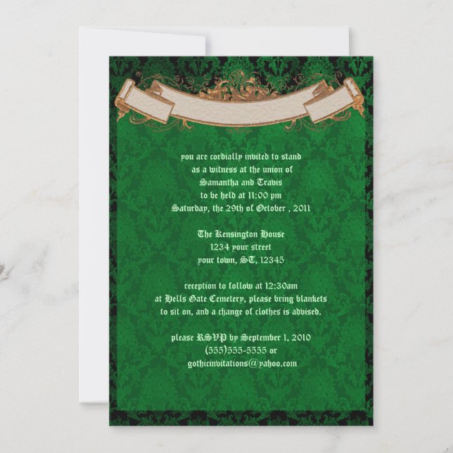 Elegant Green Damask Goth Wedding Invitation (Front)