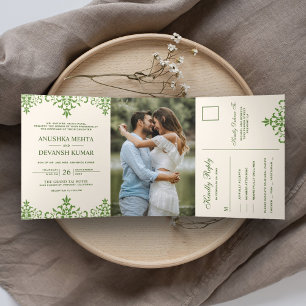 Elegant Green Damask Traditional Indian Wedding Tri-Fold Invitation
