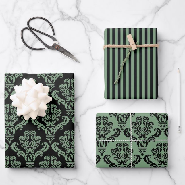 Elegant Green Damask  Wrapping Paper Sheets (Front)