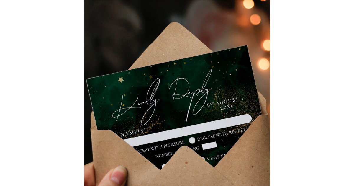 Elegant Green Dark Magic Gold Wedding RSVP Card | Zazzle