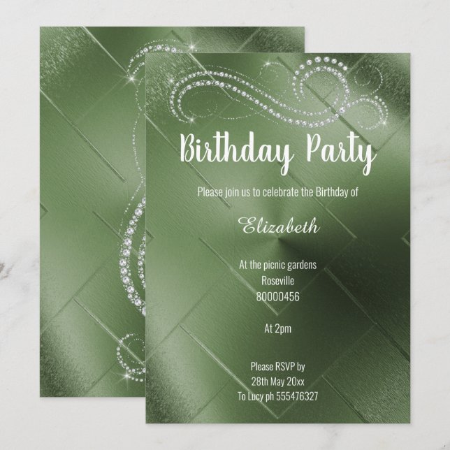 ELEGANT GREEN DIAMOND BIRTHDAY PARTY INVITATION (Front/Back)