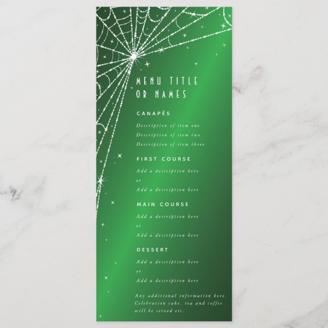 Elegant Green Diamond Spider Web Flat 4 Course Menu (Front)