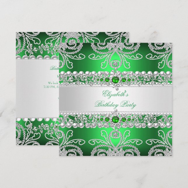 Elegant Green Diamonds Silver Floral Birthday Invitation (Front/Back)