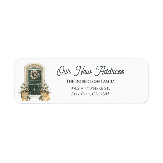 Elegant Green Door New Home Winter Announcement Label (Front)