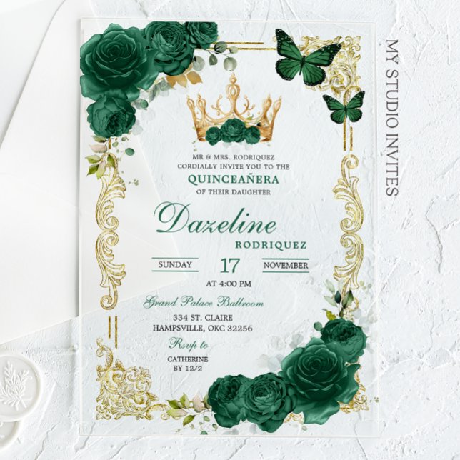 Elegant Green Emerald Crown Quinceanera Acrylic Invitations (Creator Uploaded)