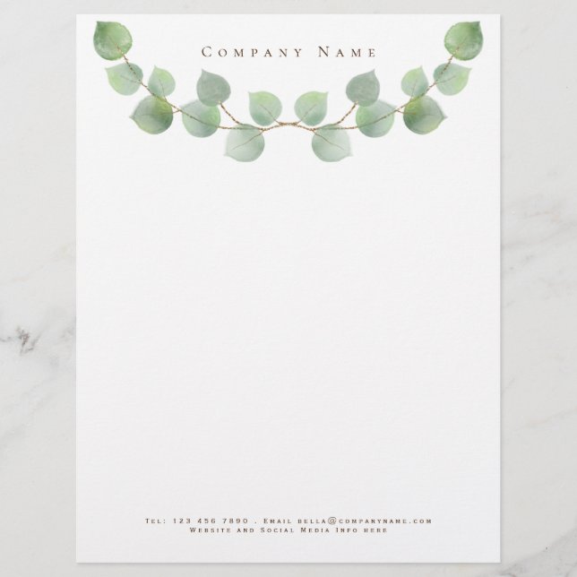 Elegant Green Eucalyptus Branch Company Details Letterhead (Front)