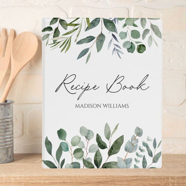 Elegant Green Eucalyptus Custom Recipe Cookbook Mini Binder (In situ)