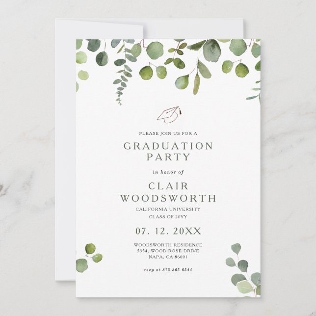 Elegant Green Eucalyptus Graduation Invitation (Front)