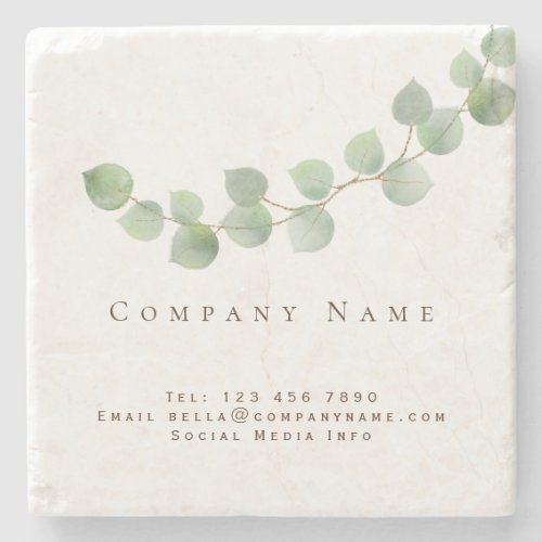Elegant Green Eucalyptus Leaf Branch Company Name Stone Coaster