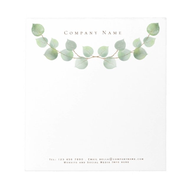 Elegant Green Eucalyptus Leaf Company Name Notepad (Front)