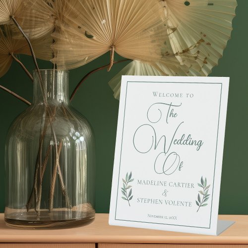Elegant Green Eucalyptus Leaf Fall Wedding Welcome Pedestal Sign