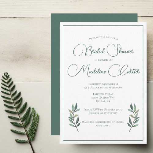 Elegant Green Eucalyptus Leaf Modern Bridal Shower Invitation