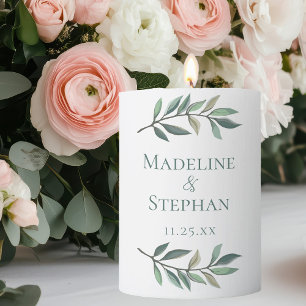 Elegant Green Eucalyptus Leaf Personalized Wedding Pillar Candle