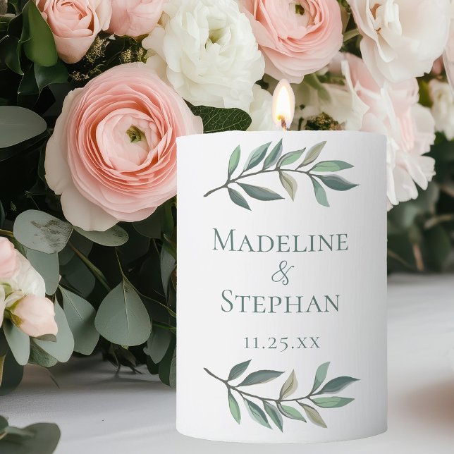 Elegant Green Eucalyptus Leaf Personalized Wedding Pillar Candle (Creator Uploaded)