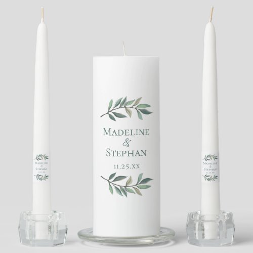 Elegant Green Eucalyptus Leaf Personalized Wedding Unity Candle Set