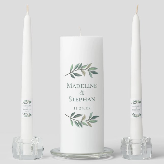 Elegant Green Eucalyptus Leaf Personalized Wedding Unity Candle Set (Front)