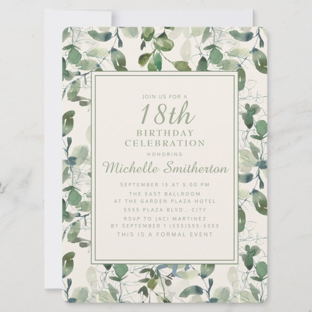 Elegant Green Eucalyptus Leaves 18th Birthday Invitation (Front)